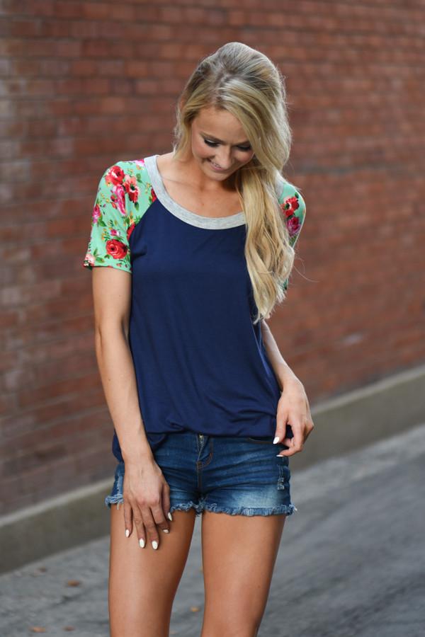 Collar Full of Color Floral Top ~ Navy