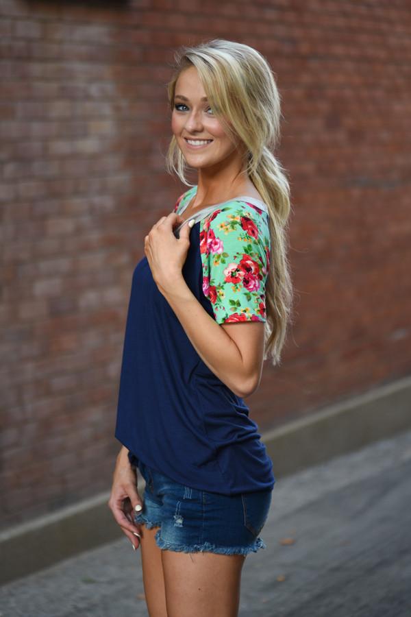 Collar Full of Color Floral Top ~ Navy
