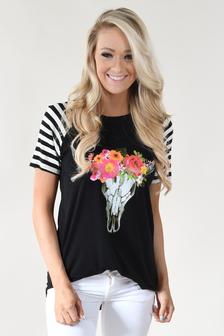 Black - Floral Skull Top