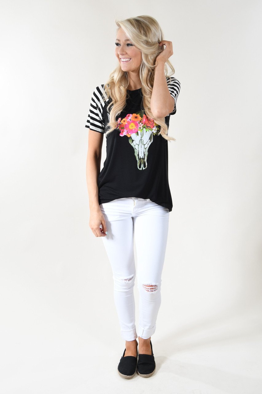 Black - Floral Skull Top