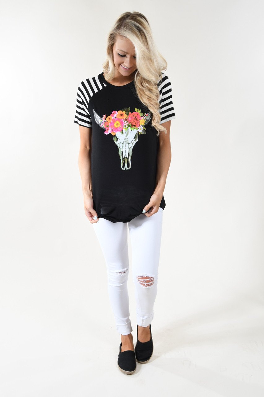 Black - Floral Skull Top