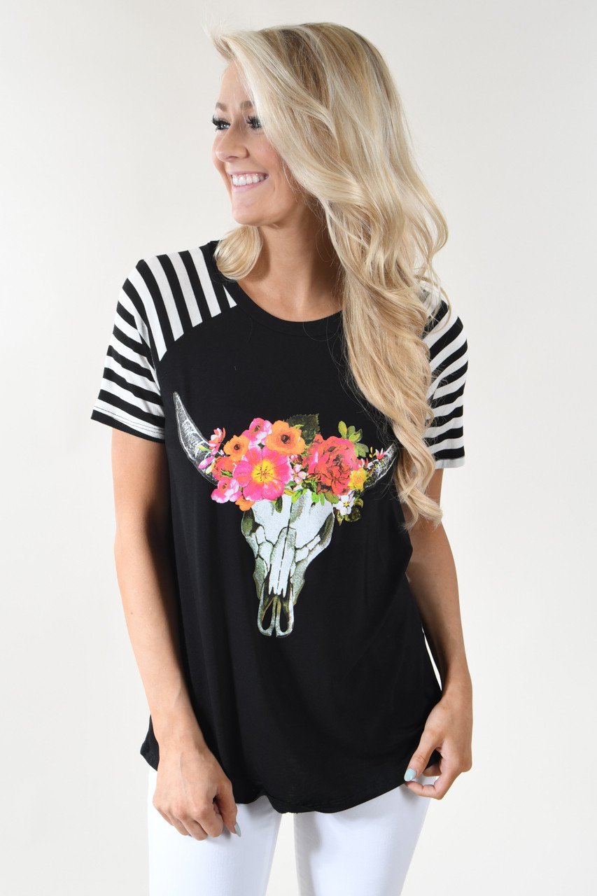 Black - Floral Skull Top
