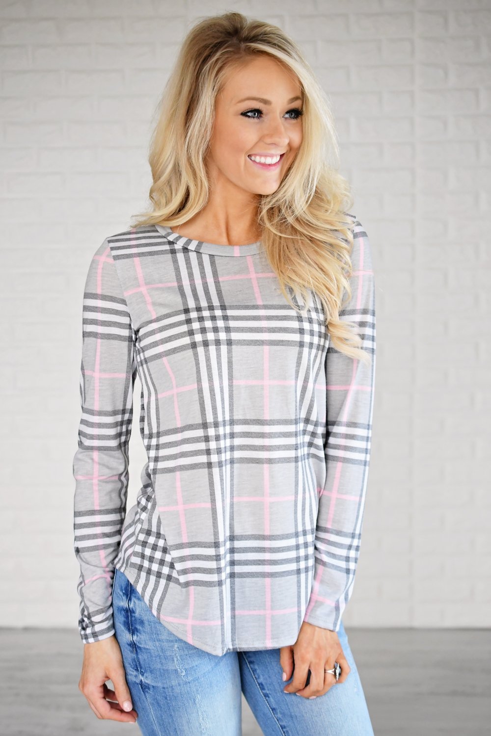 Perfectly Plaid Long Sleeve Top ~ Grey