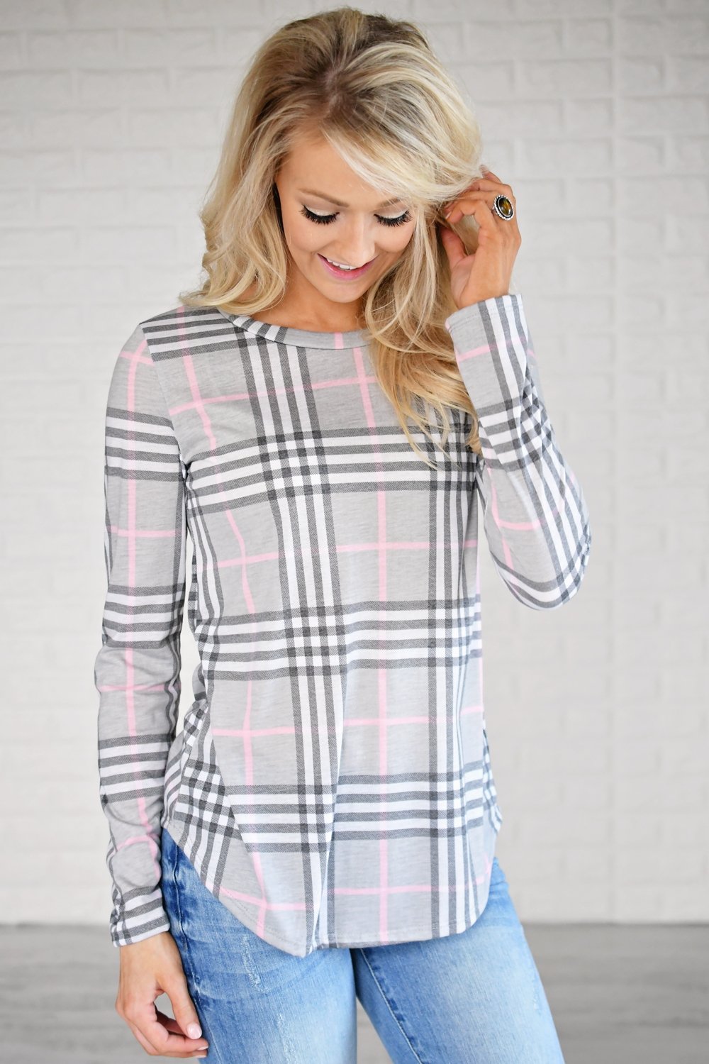 Perfectly Plaid Long Sleeve Top ~ Grey