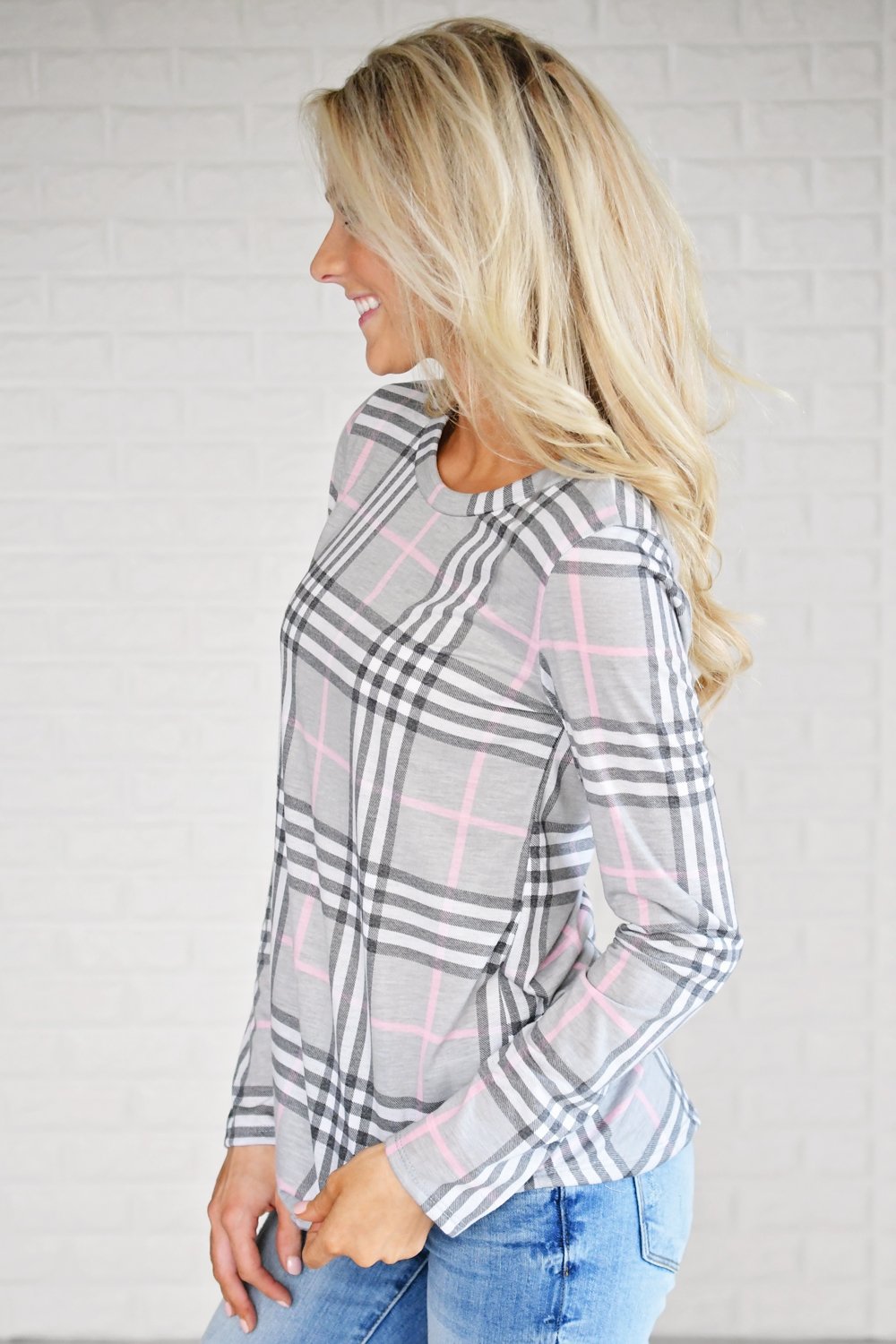 Perfectly Plaid Long Sleeve Top ~ Grey