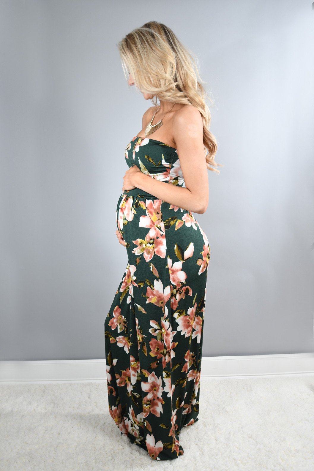 Strapless Olive Floral Maxi Dress