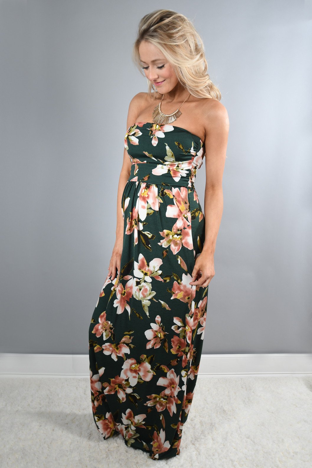 Strapless Olive Floral Maxi Dress