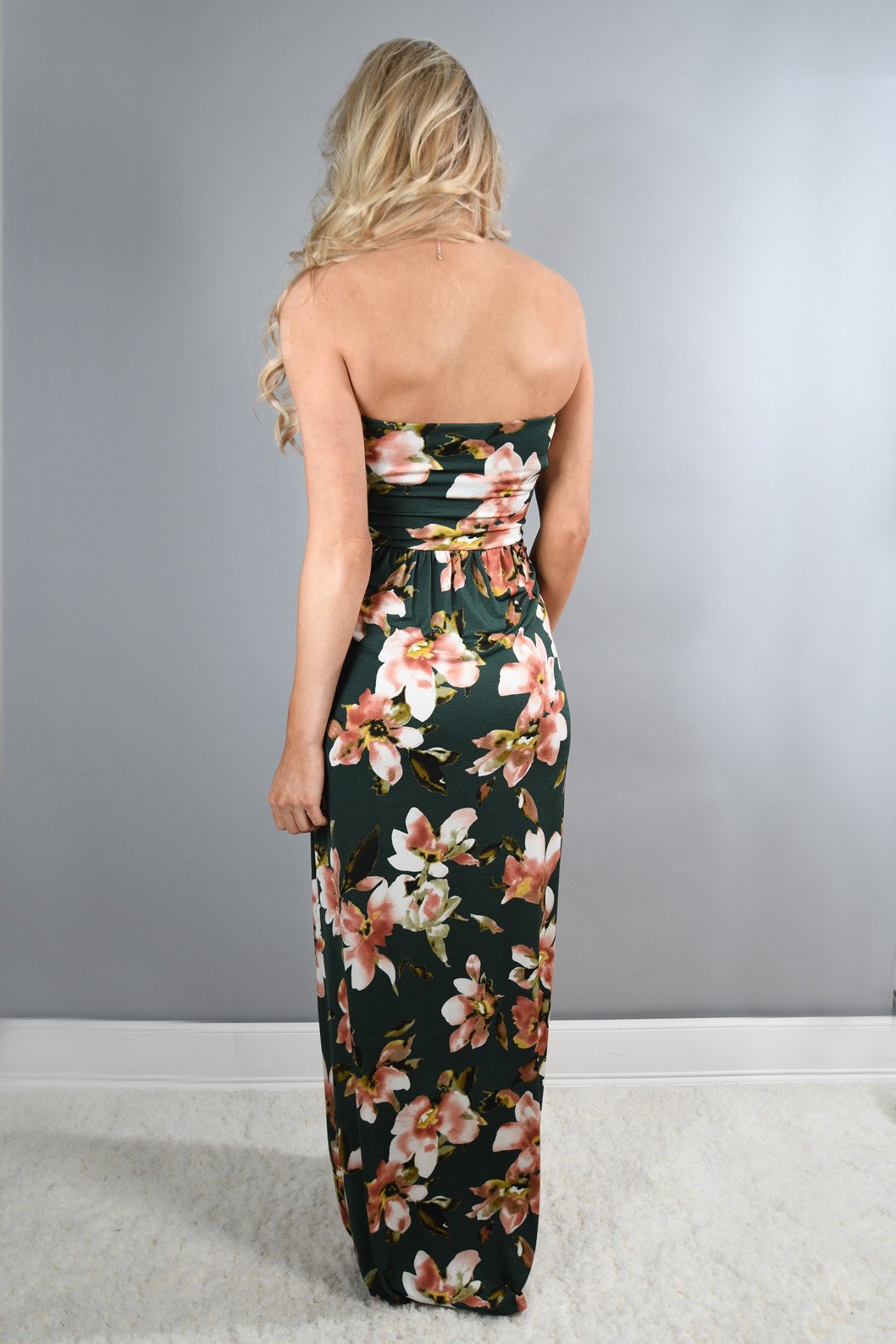 Strapless Olive Floral Maxi Dress