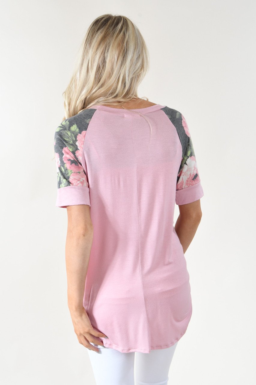 Sweet Pea Charcoal Floral Sleeve Top ~ Mauve