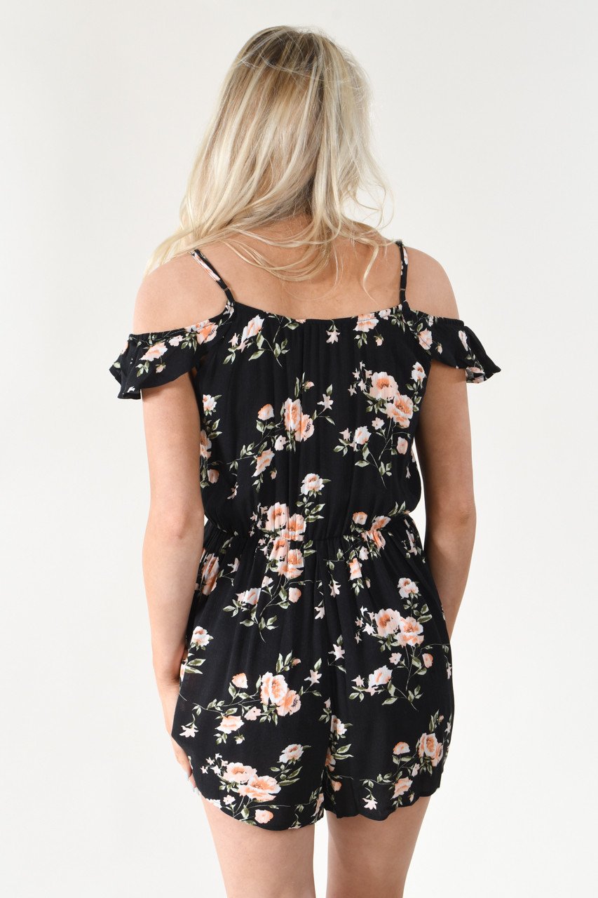 Black Floral Cold Shoulder Romper