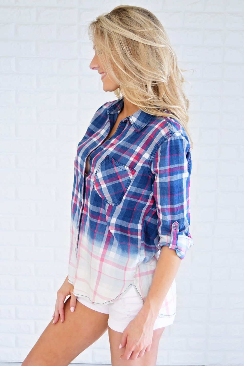Navy & Red Ombre Plaid Top