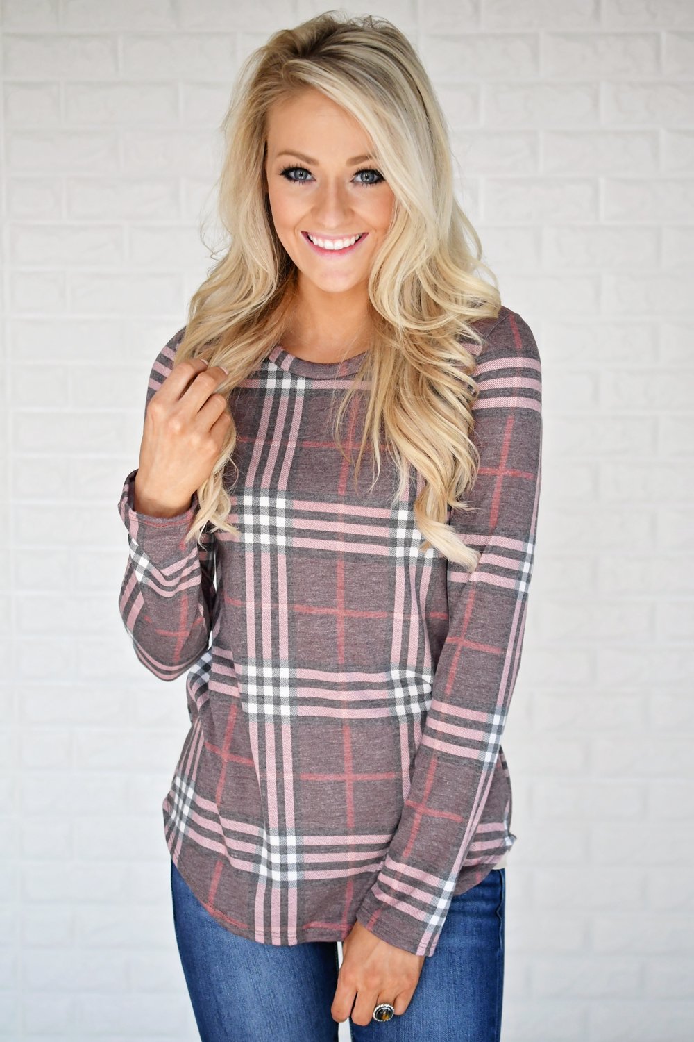 Perfectly Plaid Long Sleeve Top ~ Shades of Pink