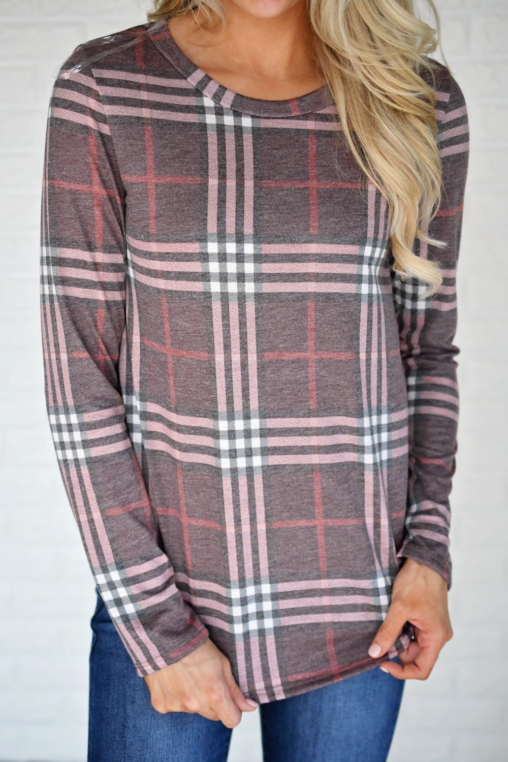 Perfectly Plaid Long Sleeve Top ~ Shades of Pink