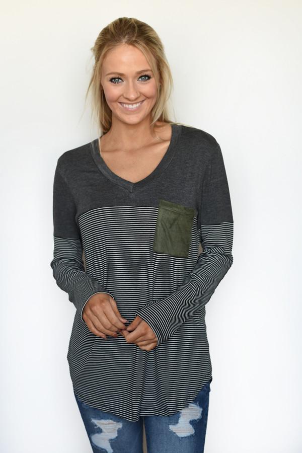 Olive & Black Pocket Top