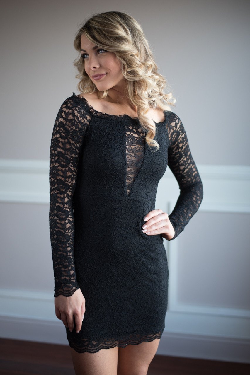 Let the Love Flow Black Lace Off the Shoulder Dress