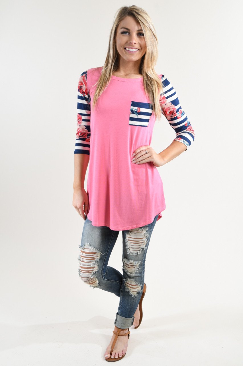 Pink Floral Striped Sleeve Top