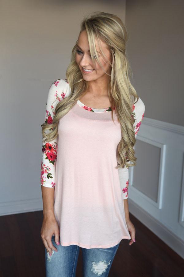 Light Pink Floral Top ~ Red & Pink Sleeves