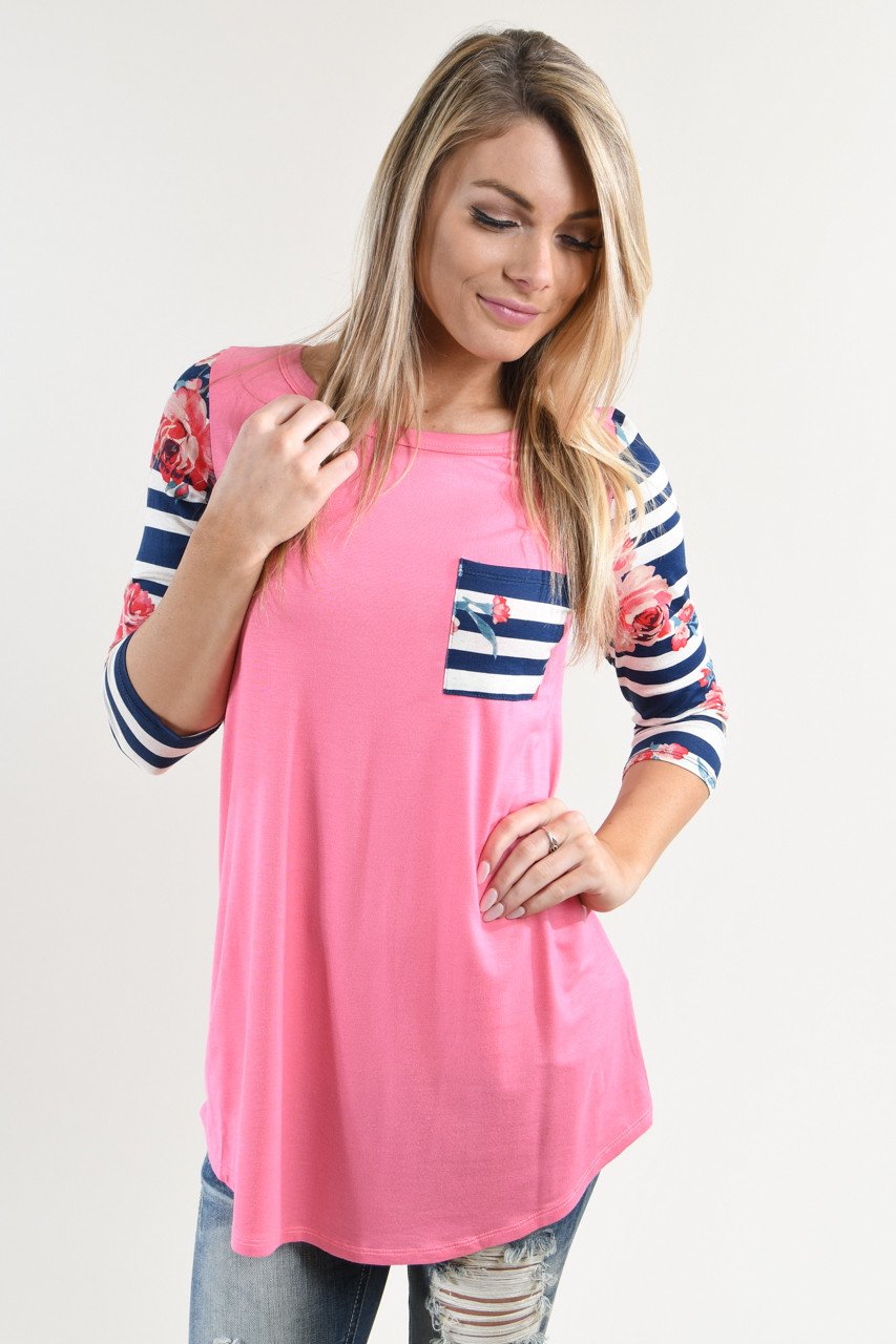 Pink Floral Striped Sleeve Top
