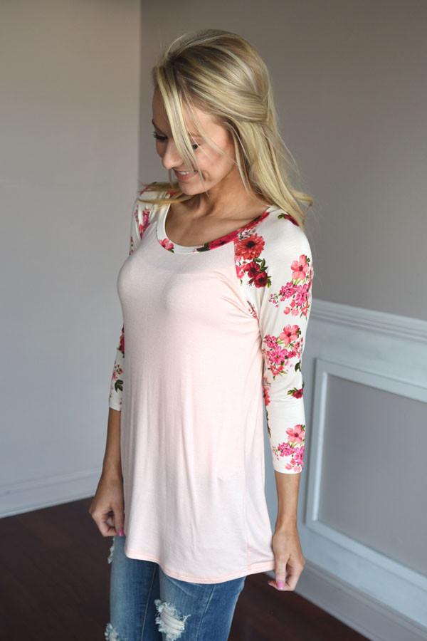 Light Pink Floral Top ~ Red & Pink Sleeves