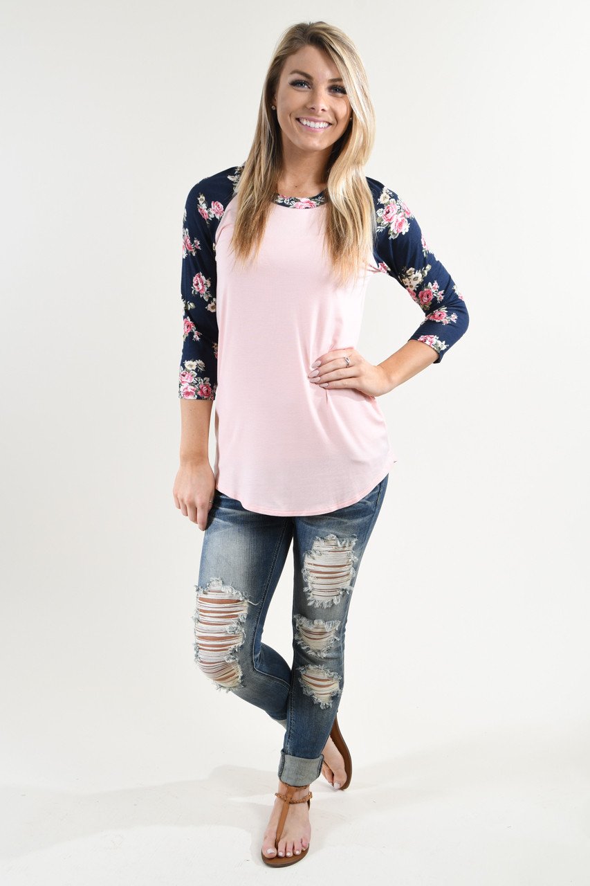 Pink & Navy Floral Baseball Tee
