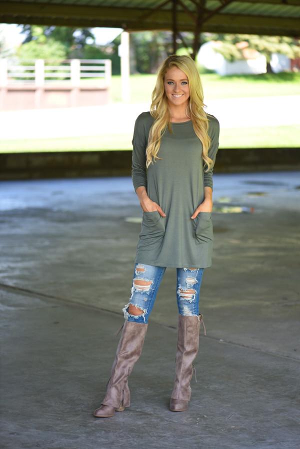 Olive Button Down Pocket Top