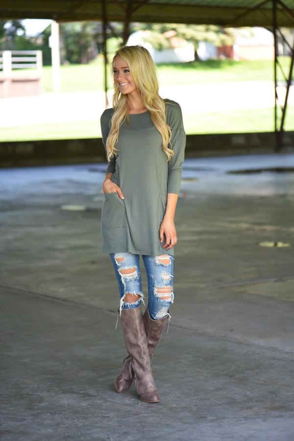 Olive Button Down Pocket Top