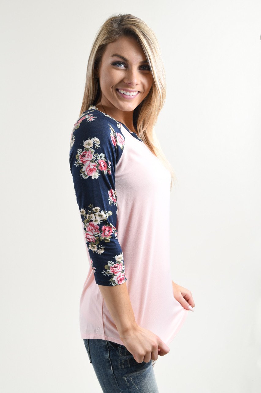Pink & Navy Floral Baseball Tee