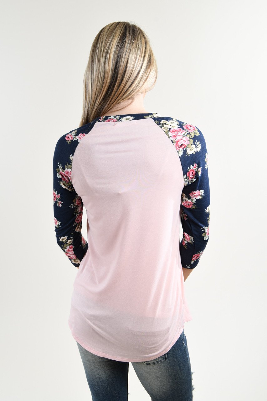 Pink & Navy Floral Baseball Tee