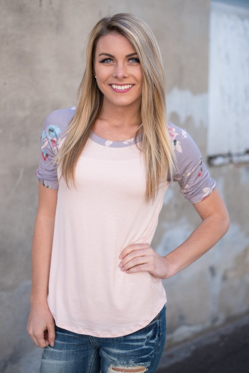 Peach and Grey Floral Sleeve Top