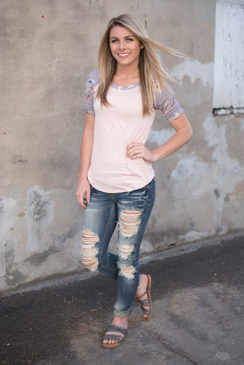 Peach and Grey Floral Sleeve Top