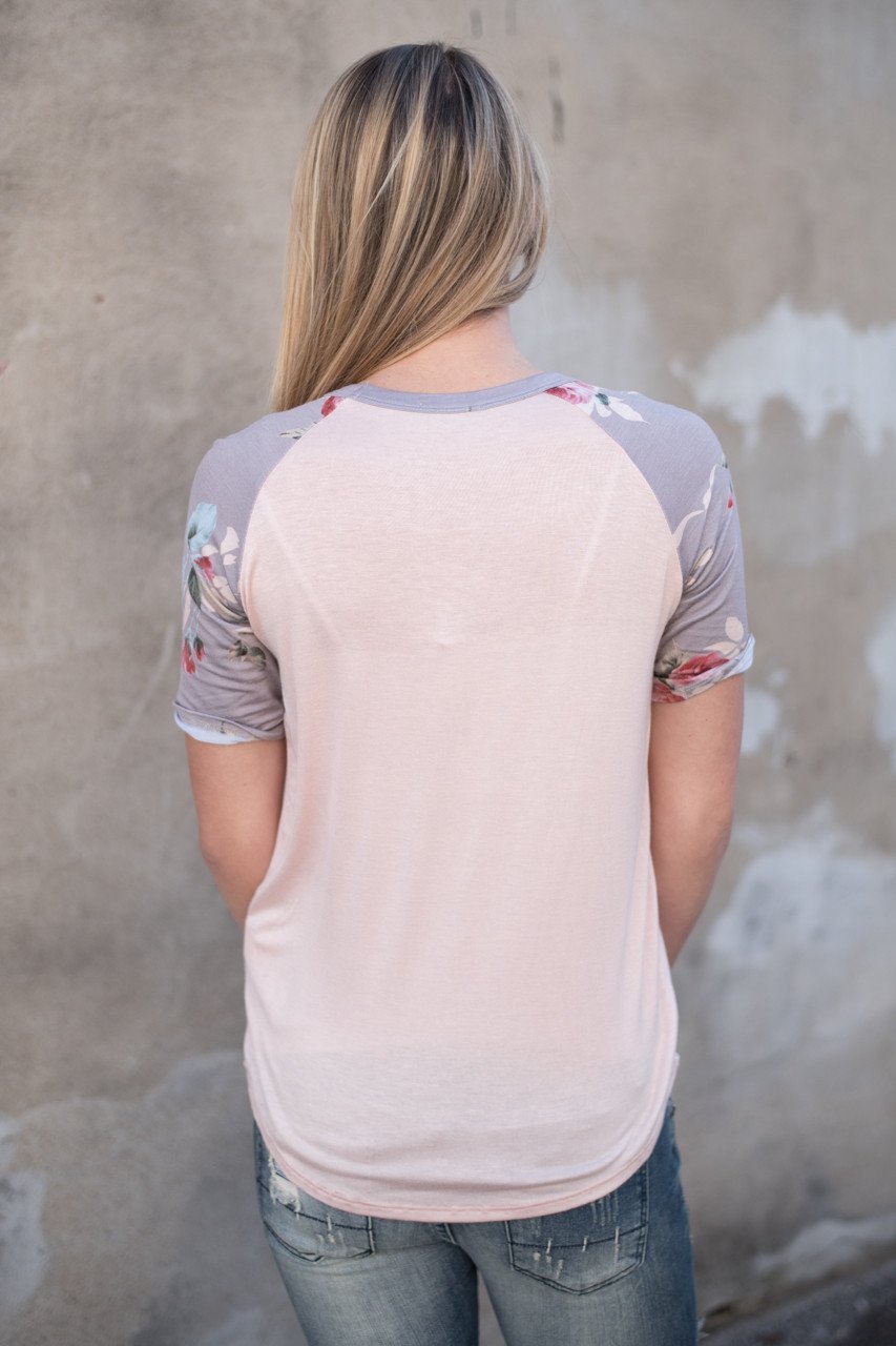 Peach and Grey Floral Sleeve Top