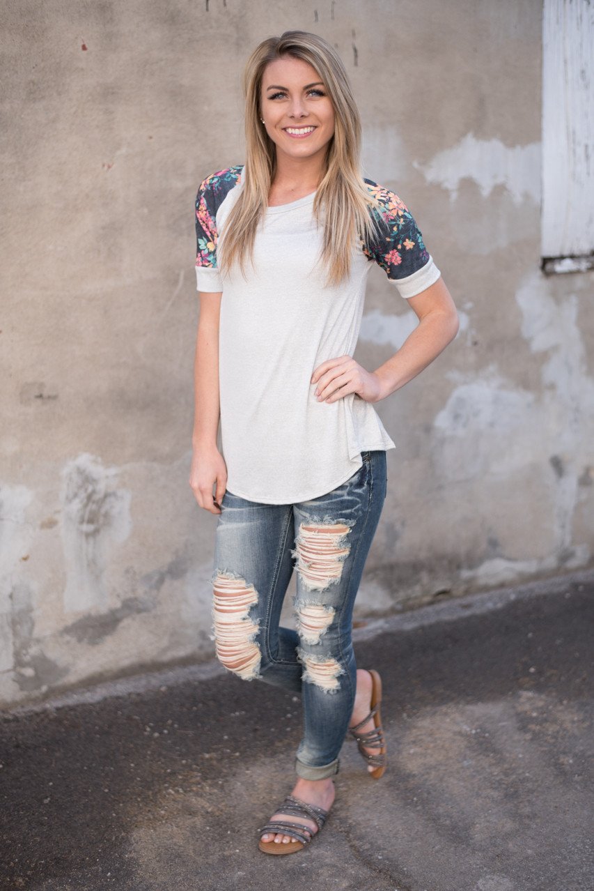 Spend the Day Floral Top Grey