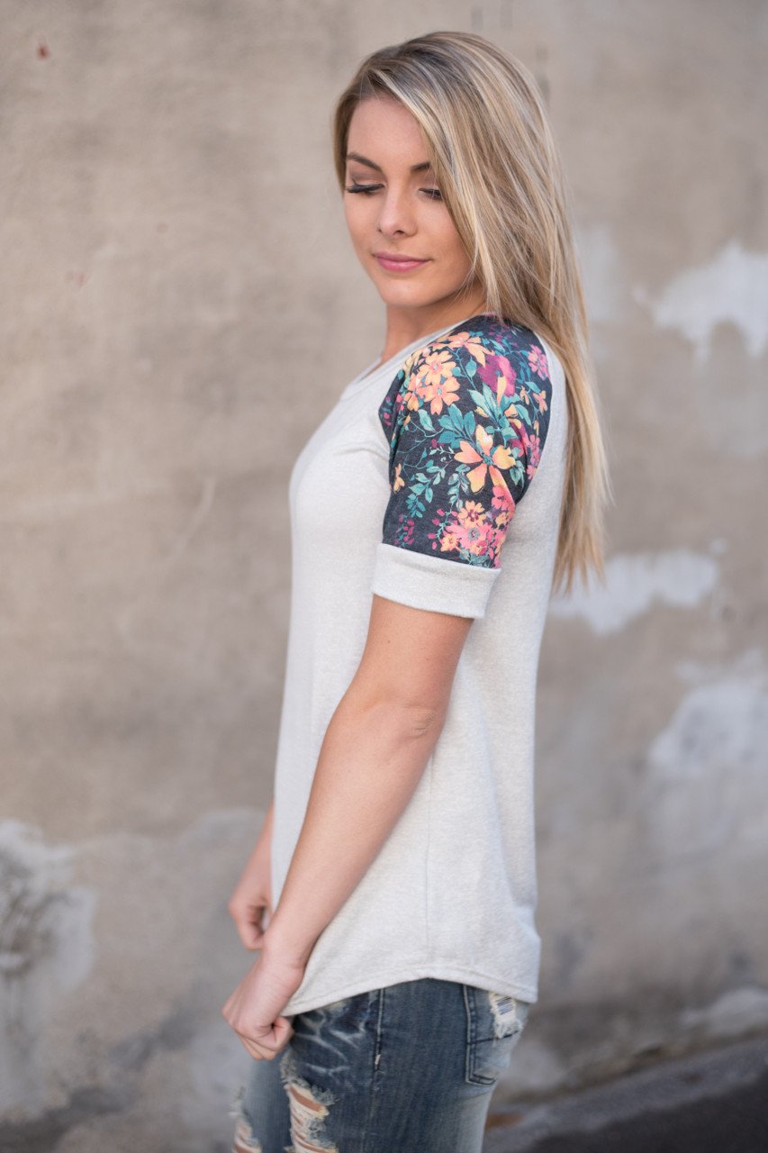 Spend the Day Floral Top Grey