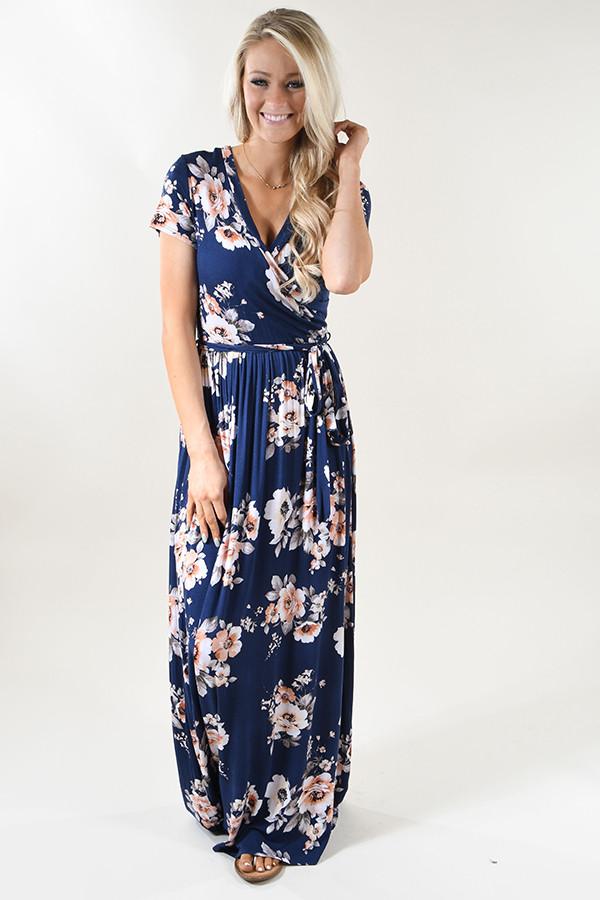 Navy & Coral Floral Maxi Dress