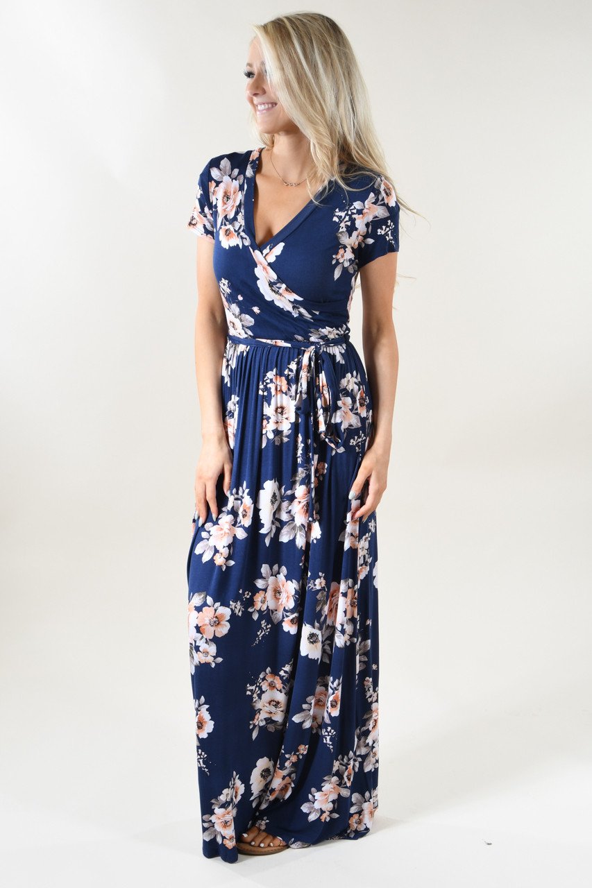 Navy & Coral Floral Maxi Dress