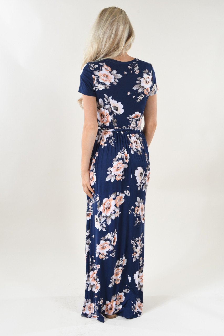 Navy & Coral Floral Maxi Dress