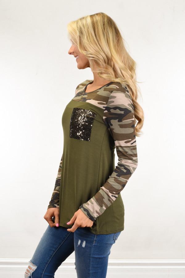 Camo Sparkle Pocket Top ~ Olive