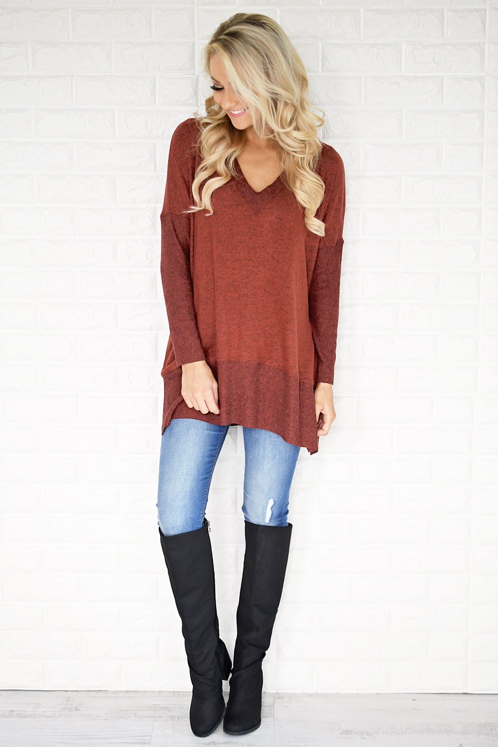 Feeling Cozy V-Neck Top ~ Rust