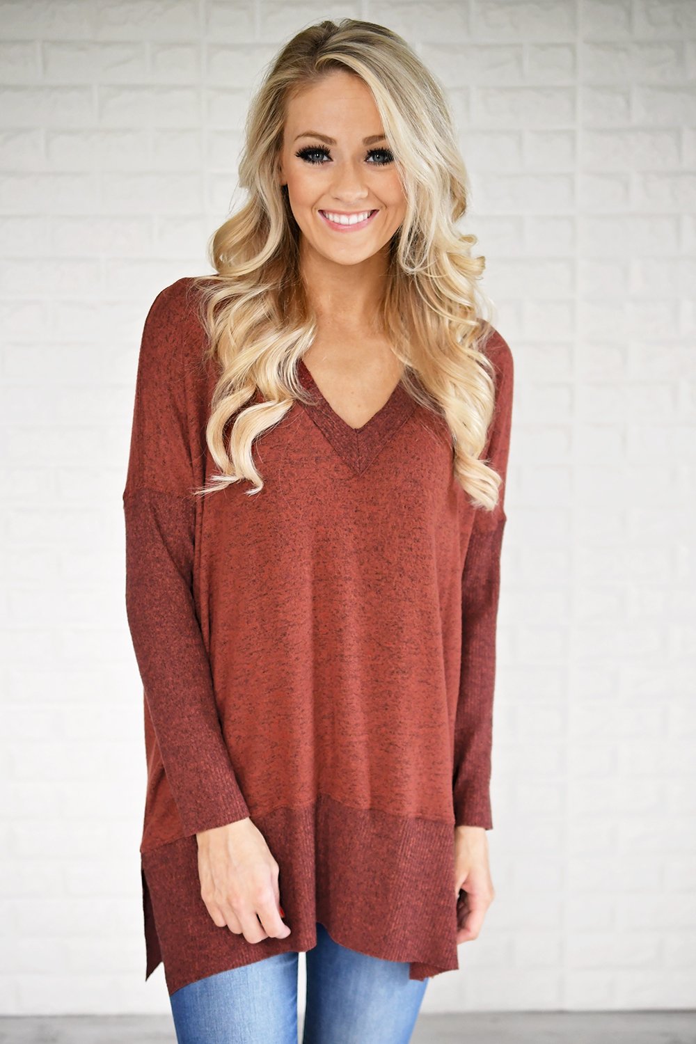 Feeling Cozy V-Neck Top ~ Rust