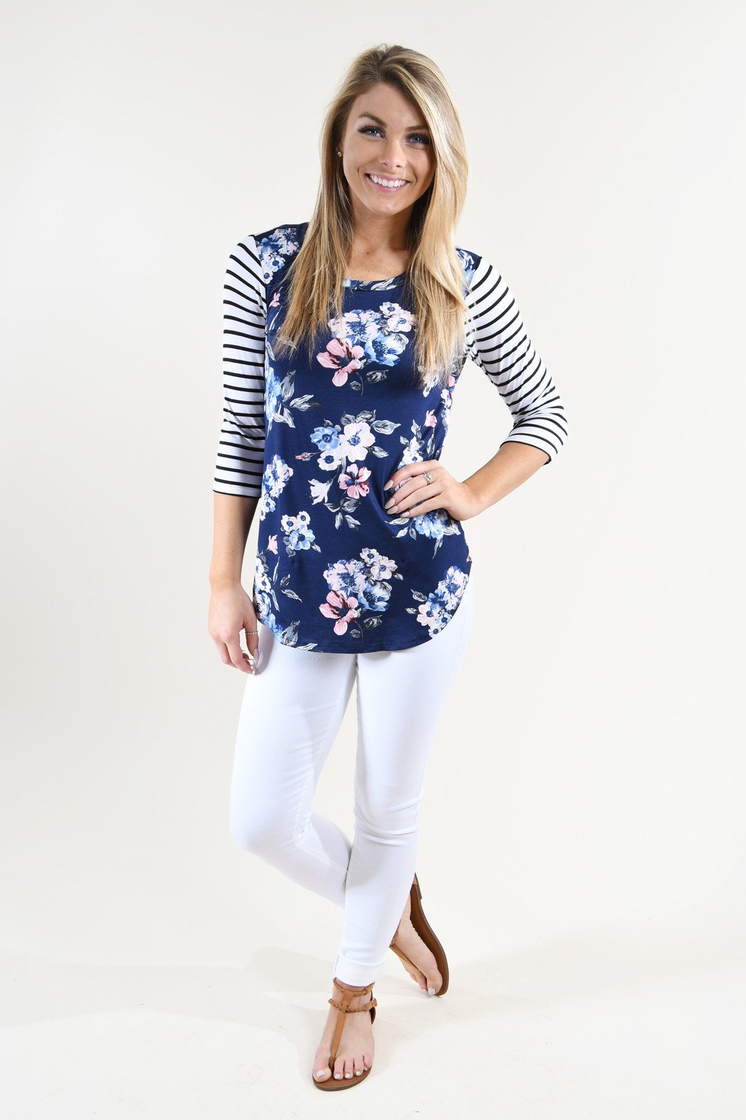 Navy Striped Floral Top