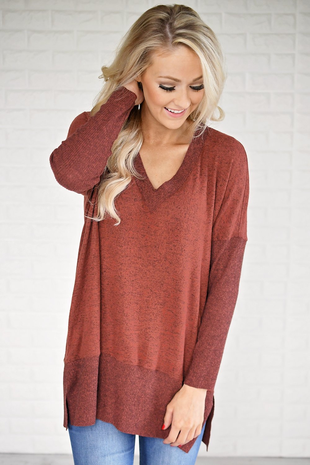 Feeling Cozy V-Neck Top ~ Rust