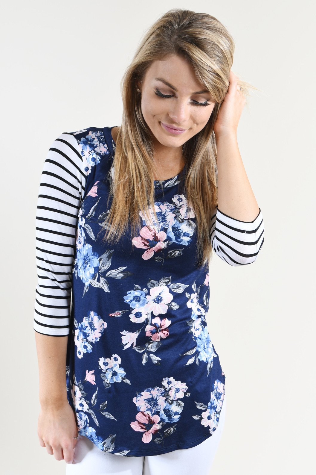 Navy Striped Floral Top