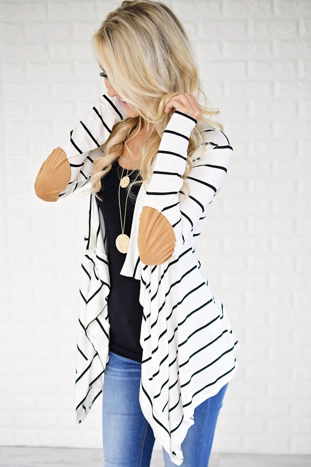 Black & White Striped Cardigan with Elbow Patches