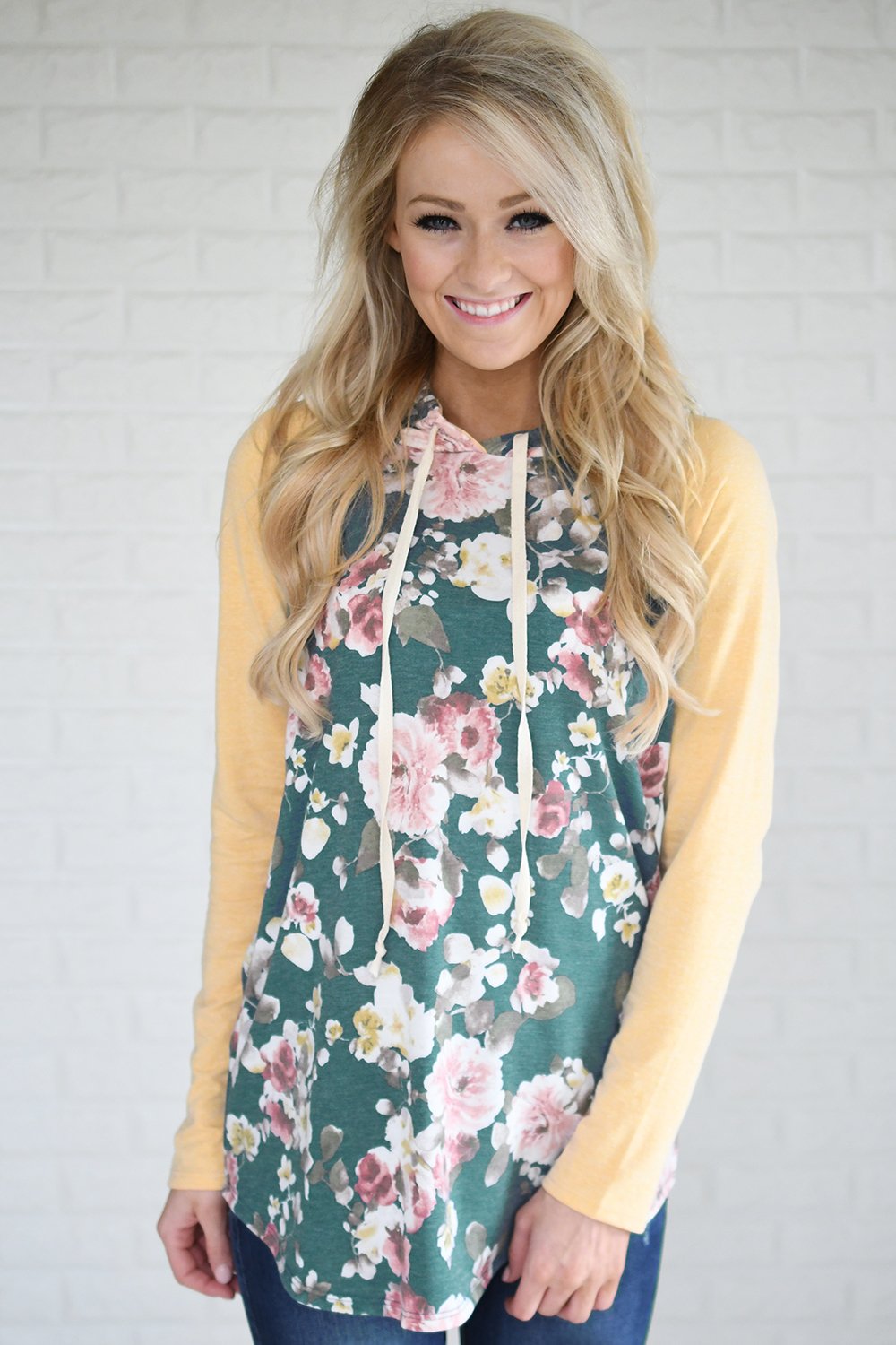 You're So Floral Hoodie ~ Dark Seafoam & Yellow
