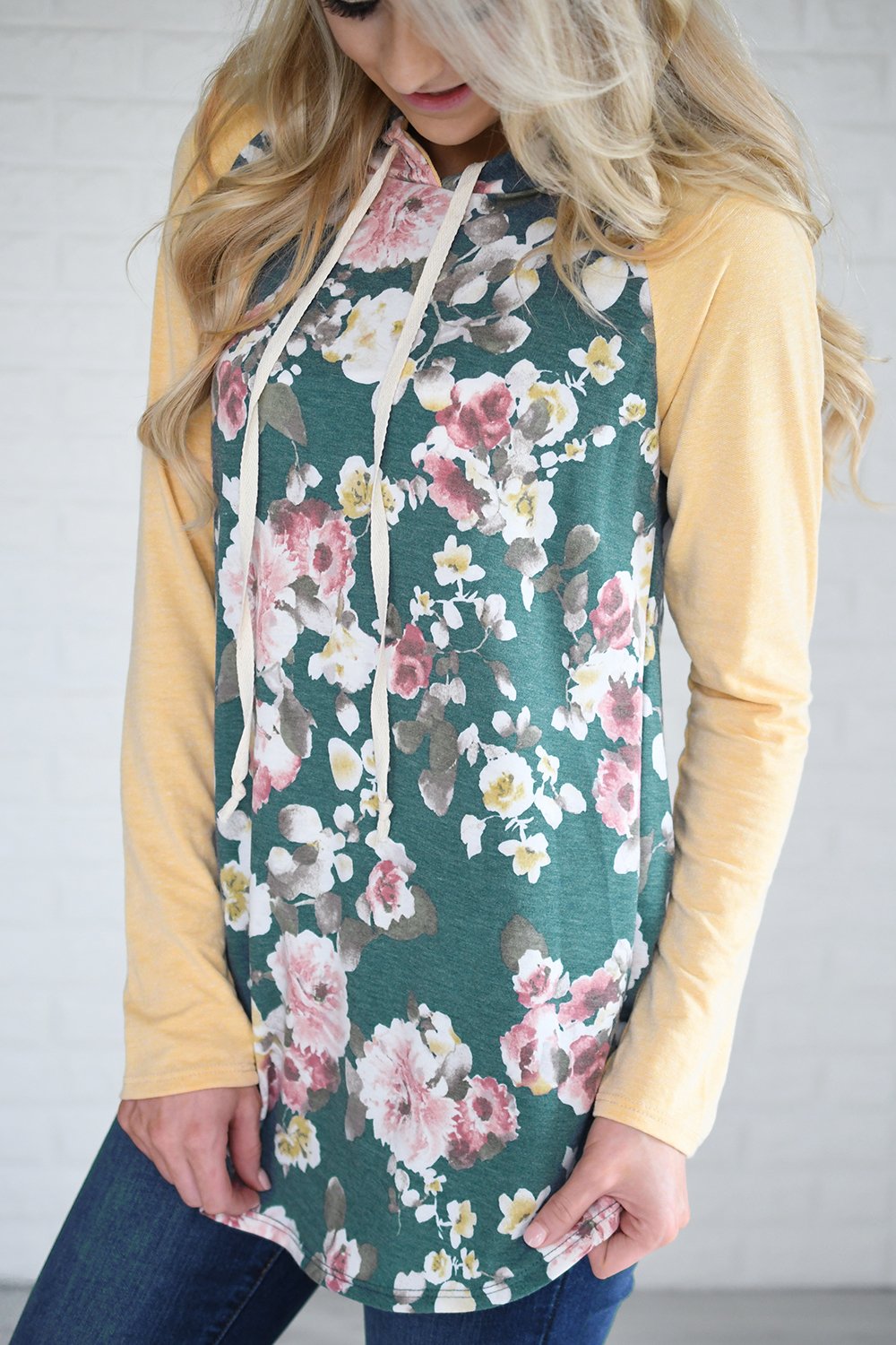 You're So Floral Hoodie ~ Dark Seafoam & Yellow
