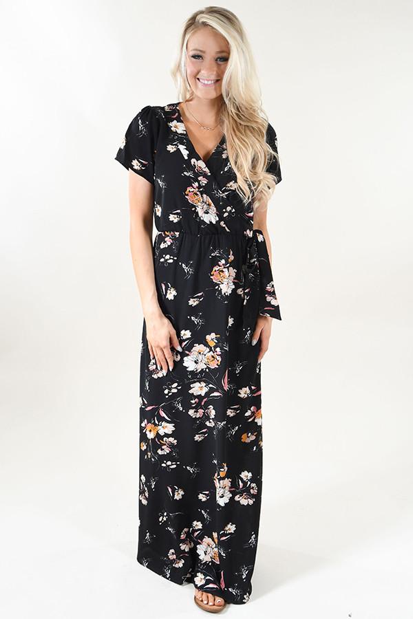 Short Sleeve Black Floral Maxi Dress