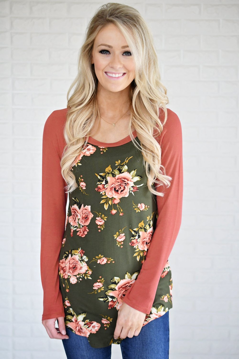 Happy in Floral Baseball Tee ~ Salmon & Olive