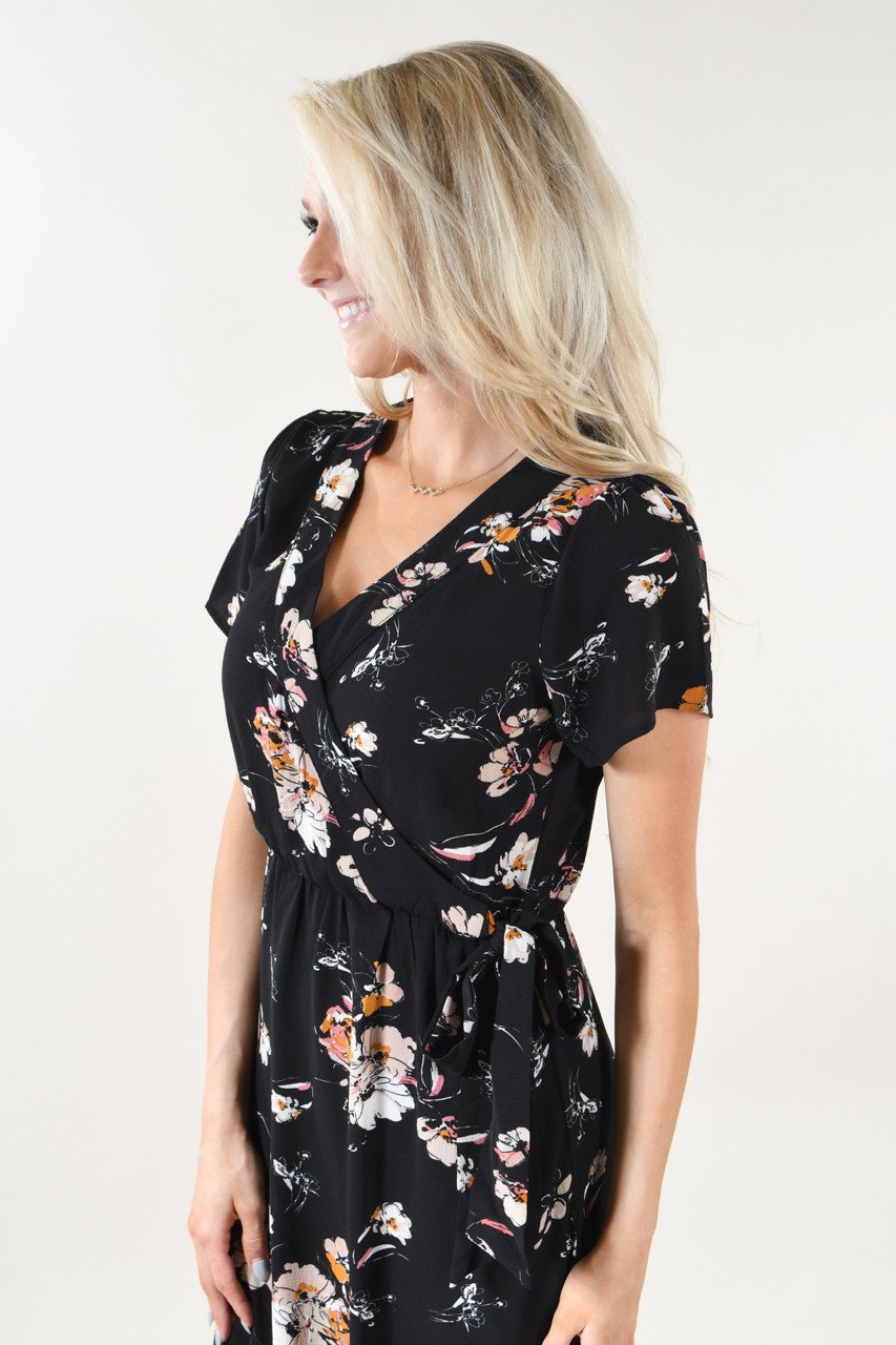 Short Sleeve Black Floral Maxi Dress