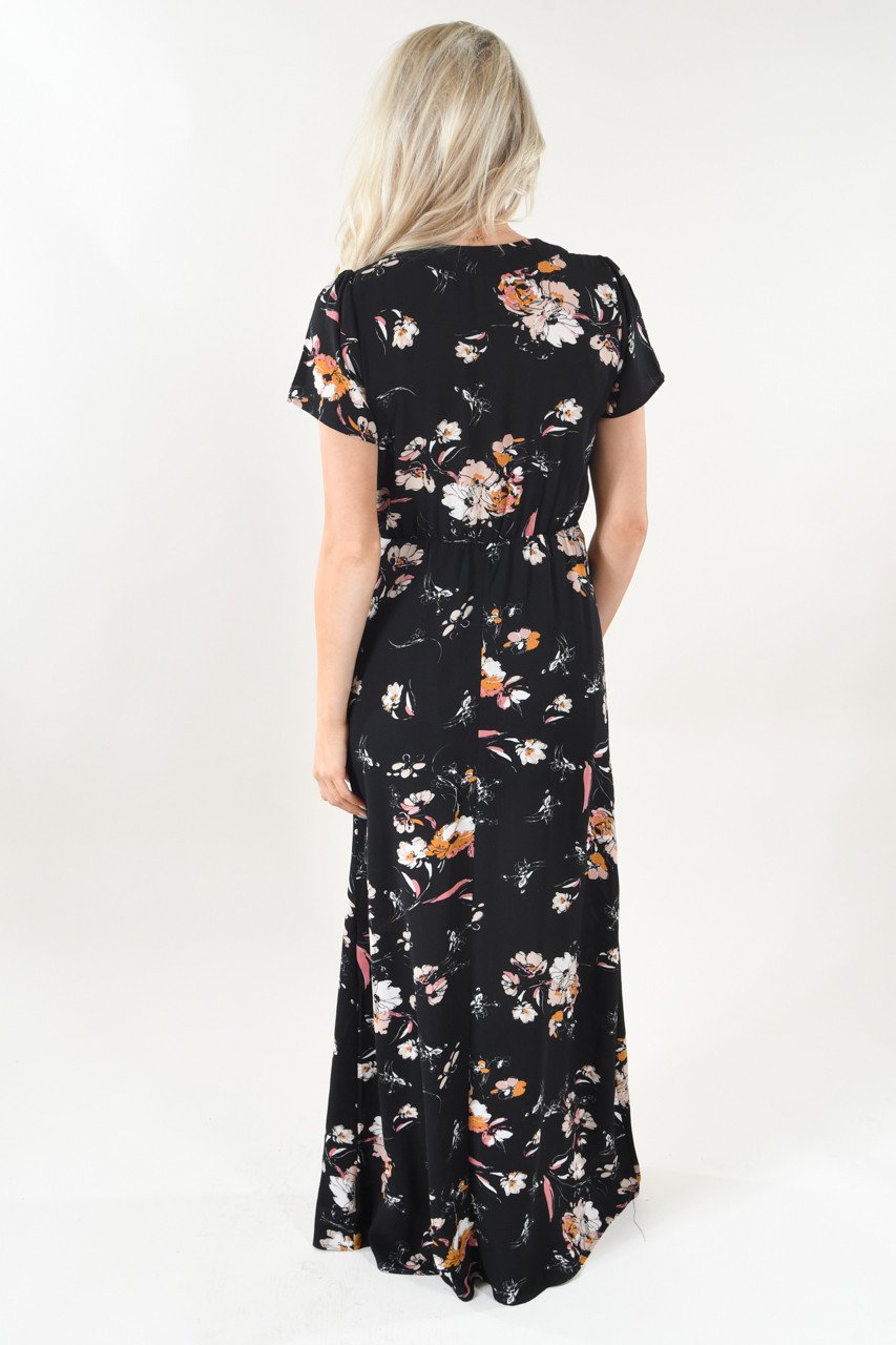 Short Sleeve Black Floral Maxi Dress