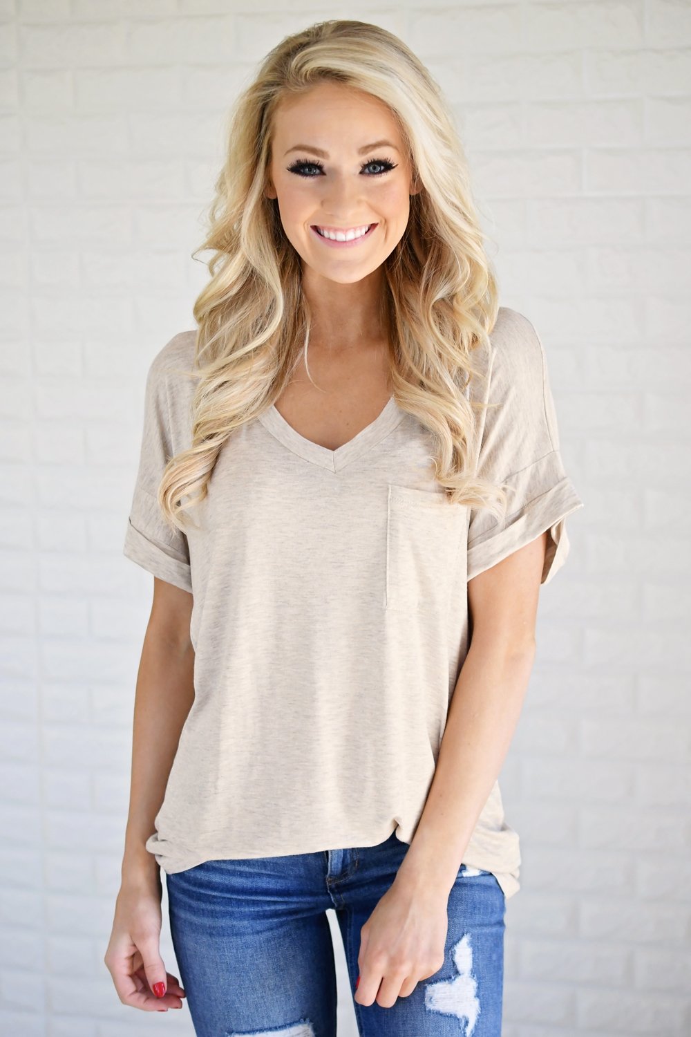 Oatmeal V-Neck Pocket Tee